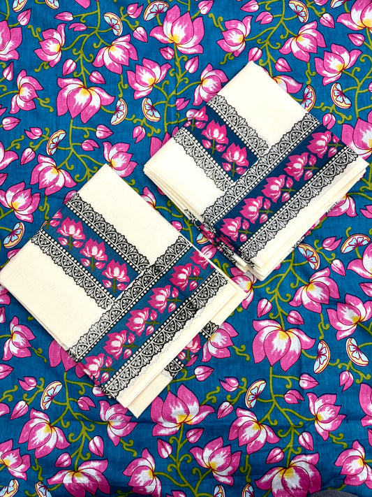 ONAM SET MUND Lotus print with Blouse - BLUE