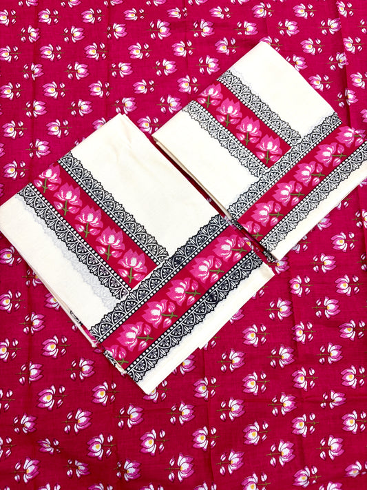 ONAM SET MUND Lotus print with Blouse - RED ROSE