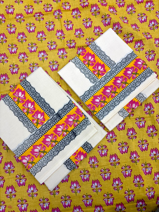ONAM SET MUND Lotus print with Blouse - HALDHI