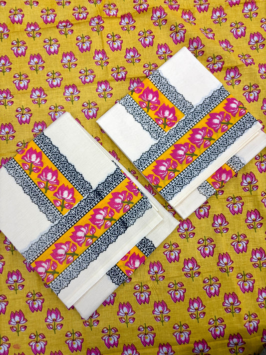 ONAM SET MUND Lotus print with Blouse - HALDHI