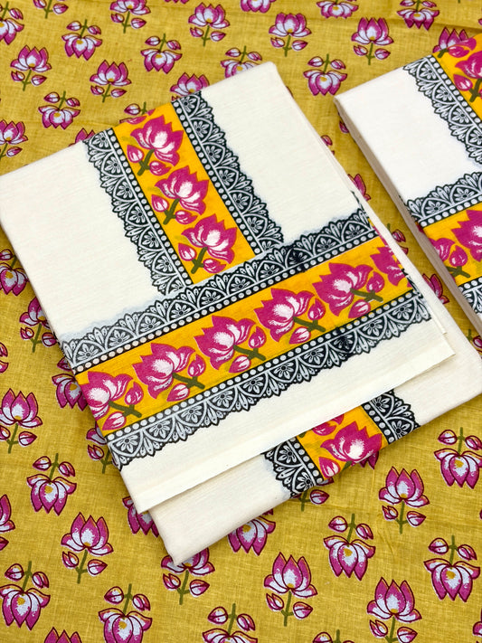 ONAM SET MUND Lotus print with Blouse - HALDHI