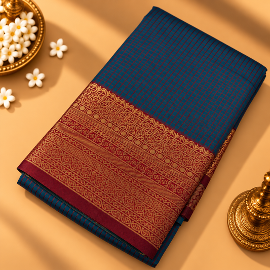 Peacock Blue Soft Silk Saree with Gold Zari Border