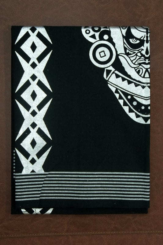 Silver Theyyam Print Single Dhothi – Divine Elegance in Black