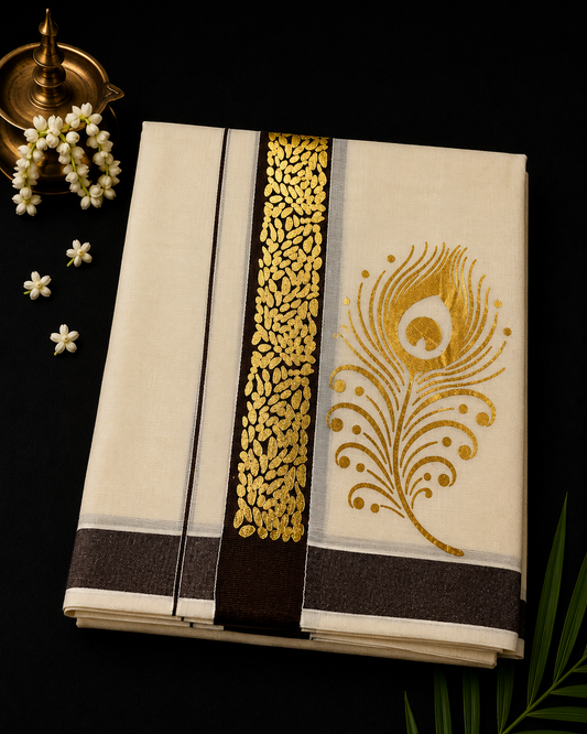 Onam Double Dhothi Golden print Color Kara 04