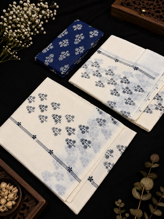Set mund Floral print simple kara (with Blouse) - Dark Blue