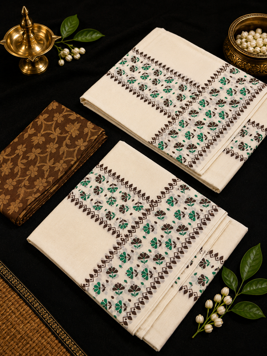 Block Printed Set mund dual color (with blouse) Green & Brown