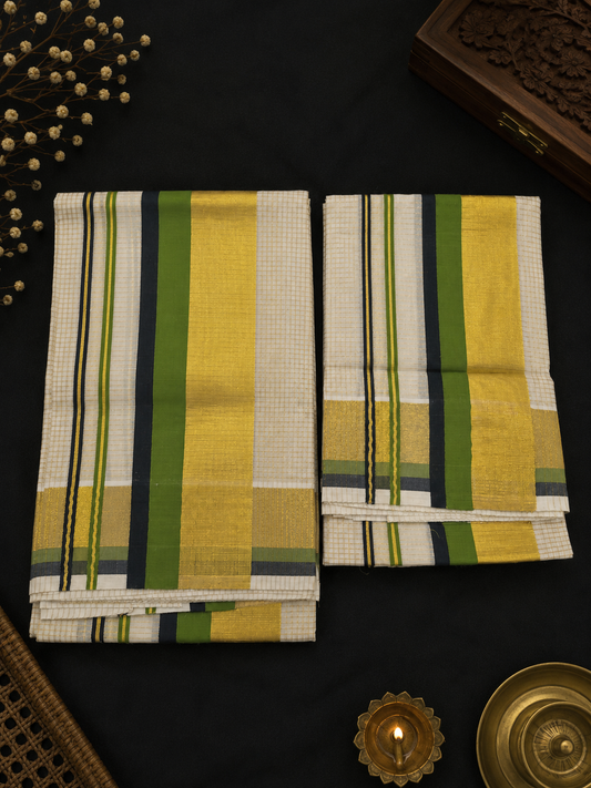 Set Mundu – Green & Black with Golden Split Kara & Micro Checks