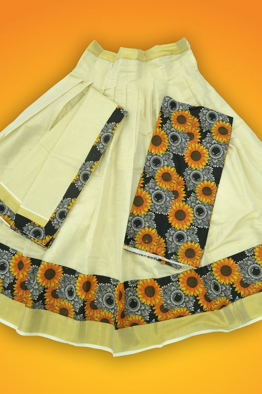 Black Theme Dhavani Set – White & Color Sunflower Print (golden tissue material)