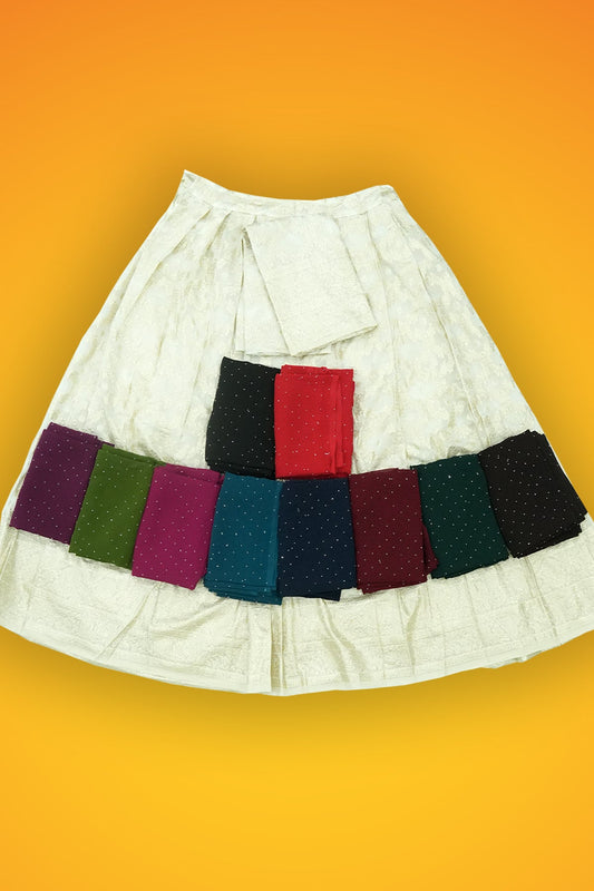 Skirt with colorful patchwork pattern on a yellow background