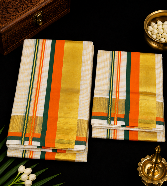 Set Mundu – Orange & Dark Green with Golden Split Kara & Micro Checks