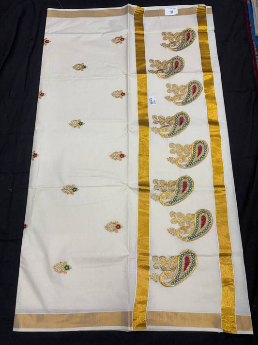 Embroidery Set Saree - Motif Green & Maroon