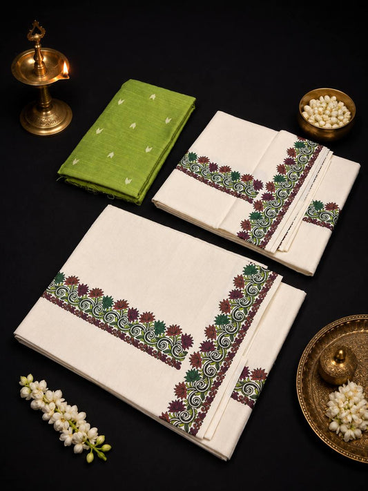 ONAM SET MUND Floral Print - Green
