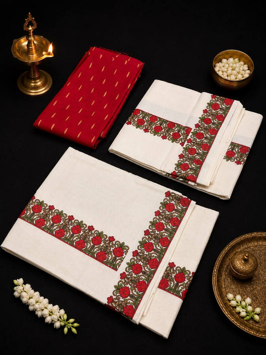 ONAM SET MUND Floral Print - Red
