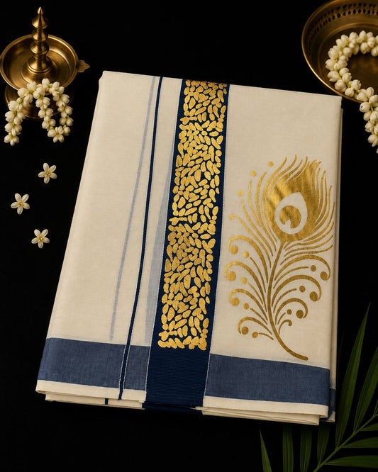 Onam Double Dhothi Golden print Color Kara 02