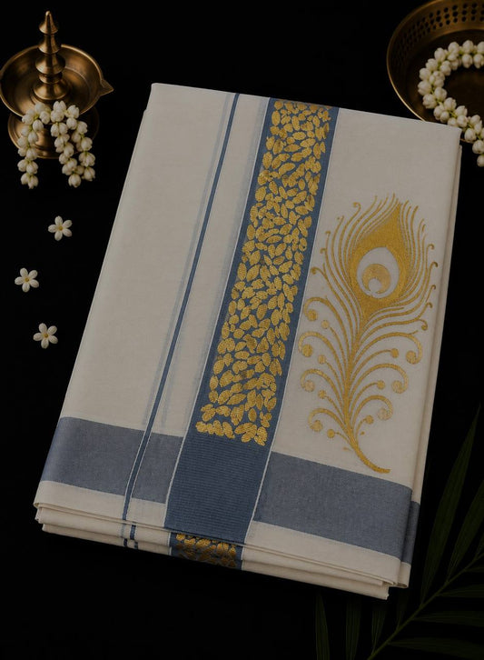 Onam Double Dhothi Golden print Color Kara 07
