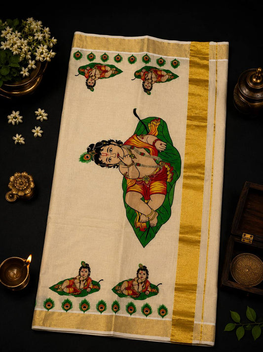 Krishna (on leaf) Golden tissue Set Saree (limited Stock)