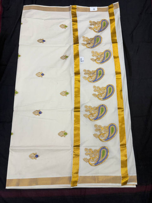 Embroidery Set Saree - Motif Blue & Green