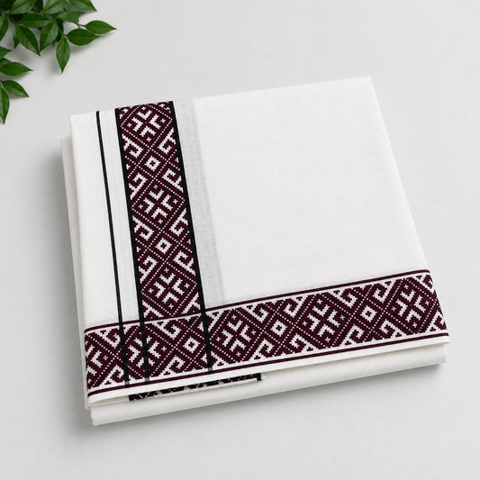 Geometric Kara White Soft Single Dhoti - Grape