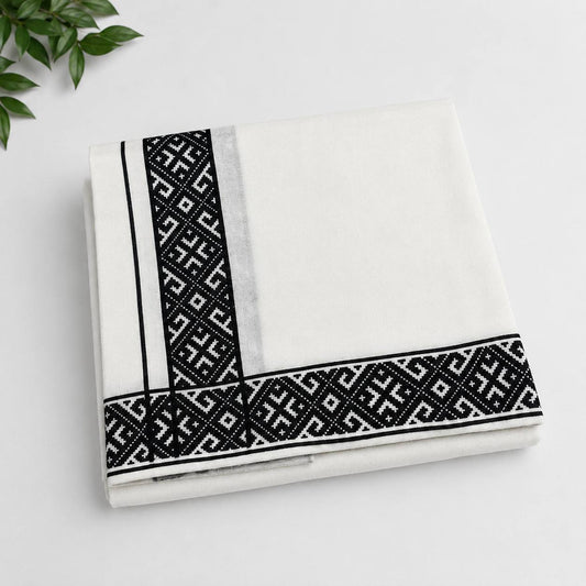 Geometric Kara White Soft Single Dhoti - Black