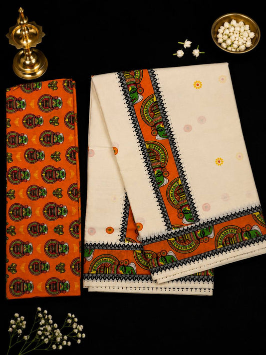 Kathakali Set Saree - Orange (with Blouse)