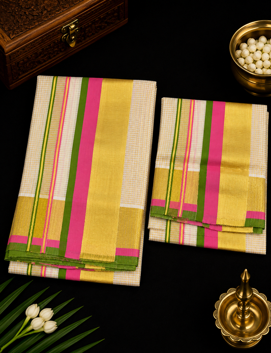 Set Mundu – Baby Pink & Green with Golden Split Kara & Micro Checks