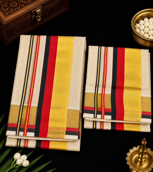 Set Mundu – Red & Black with Golden Split Kara & Micro Checks