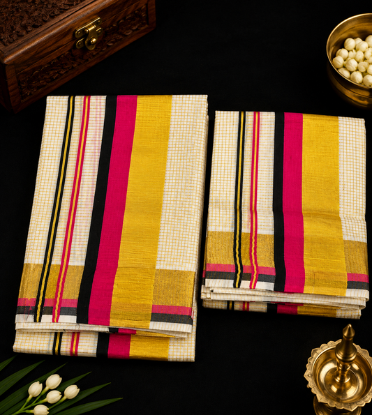 Set Mundu – Rose & Black with Golden Split Kara & Micro Checks