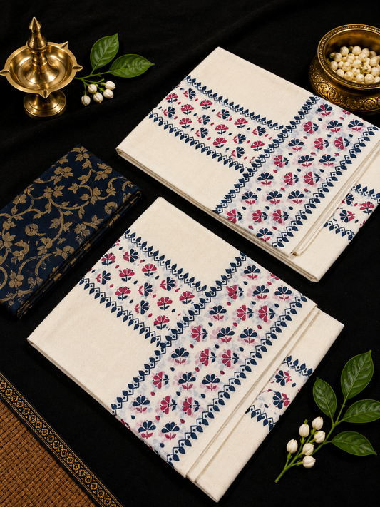 Block Printed Set mund dual color (with blouse) Rose & Blue