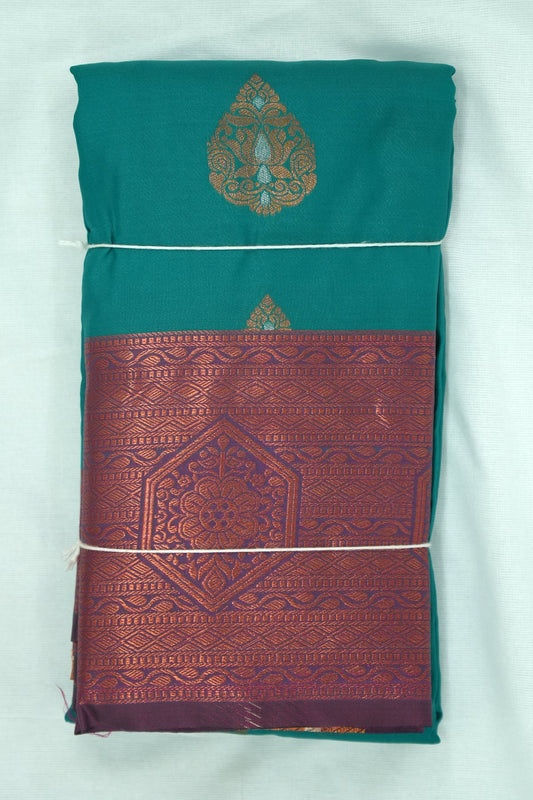 Soft Silk Saree with Copper Zari – Peacock Green and Vadamalli