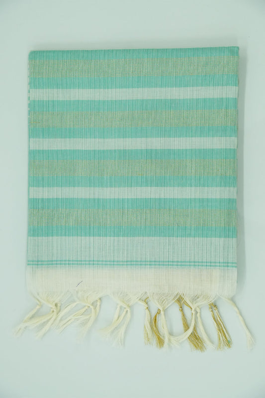 Cotton Saree – Aquamarine with Golden Zari Lines (#0007)