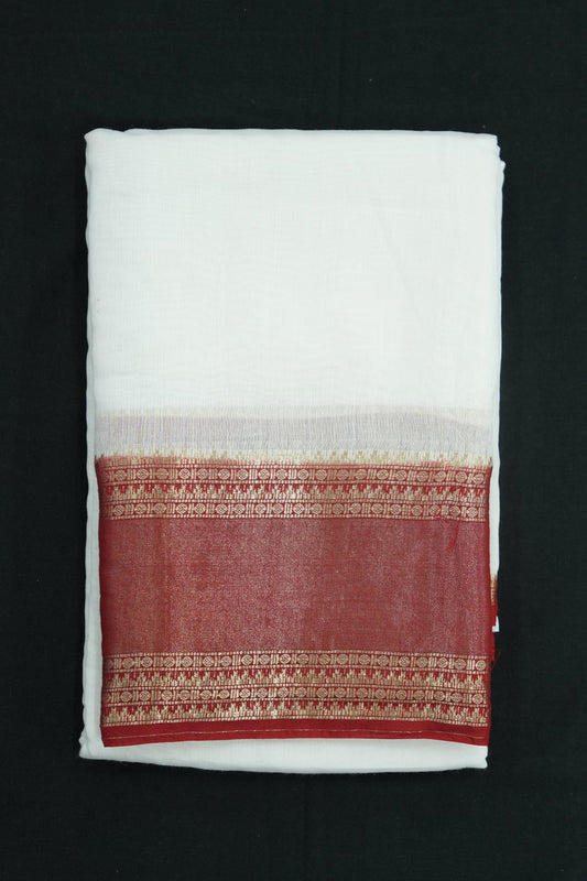 Mal Mal Cotton Saree – White Body with Red Border & Golden Work
