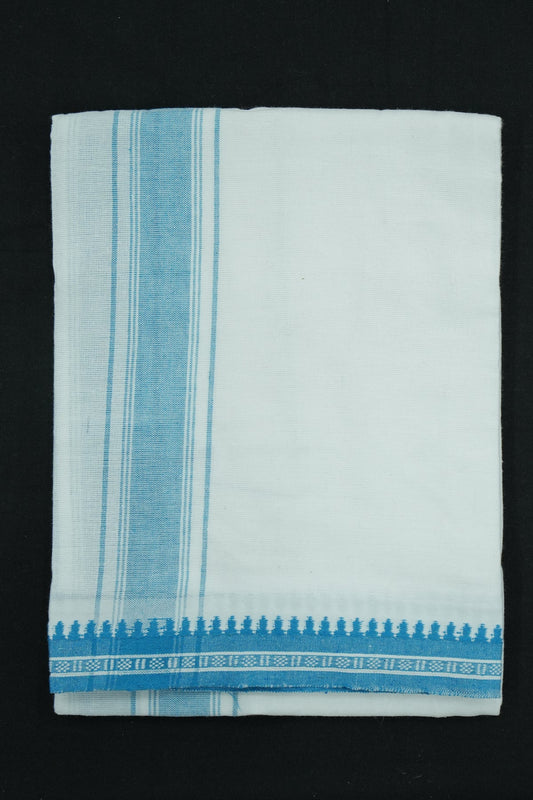 Single Dhothi (Kaily) – White with Light Blue Kara & Temple Border