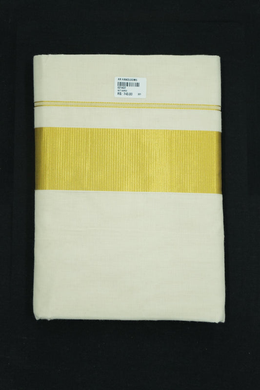 Plain Cotton Set Saree with Golden Zari Kara – 3-Inch Kara Version