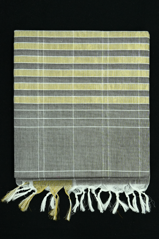 Cotton Saree – Pastel ASH with Golden Zari Lines (#0005)