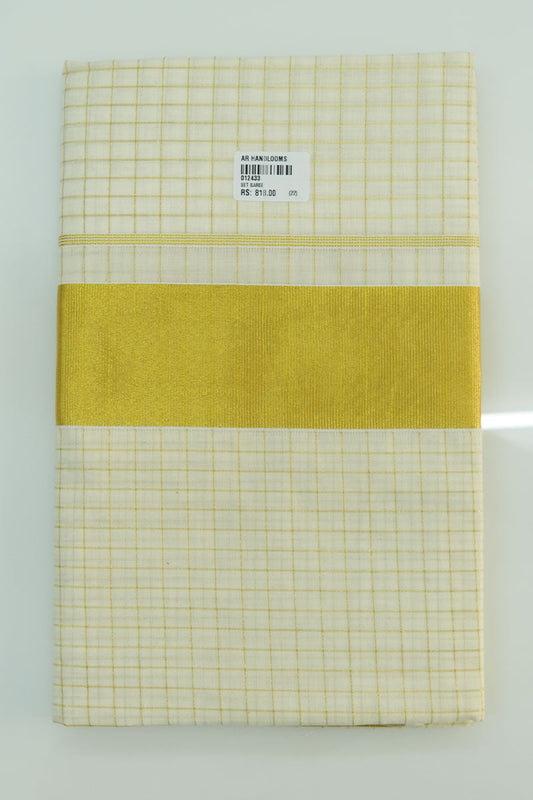Kerala Kasavu Set Saree - Broad Kara with Checks (Golden Kasavu) - #003704
