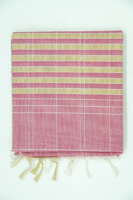 Cotton Saree – Deep Coral with Golden Zari Lines (#0020)