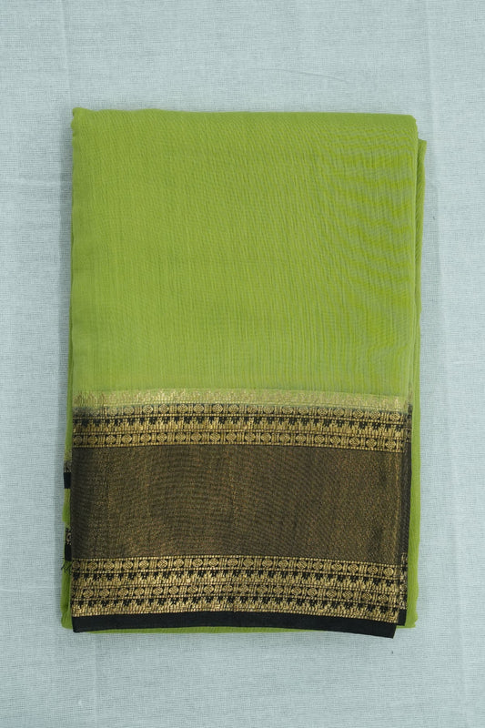 Mal Mal Cotton Saree – Light Green Body with Black Border & Golden Work