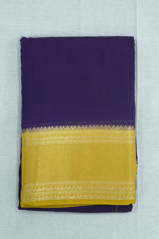 Mal Mal Cotton Saree – Violet Body with Yellow Border & Golden Work