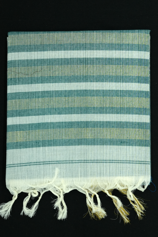 Cotton Saree – Teal with Golden Zari Lines (#0019)