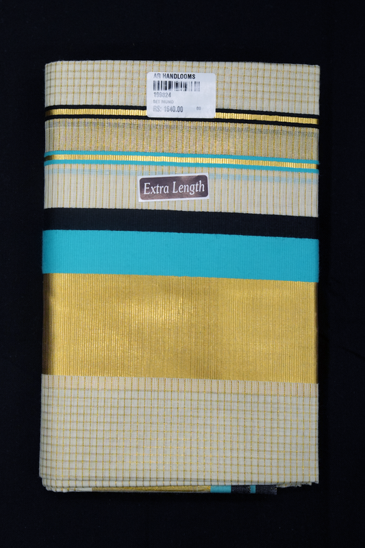 Set Mundu – Cyan & Black with Golden Split Kara & Micro Checks