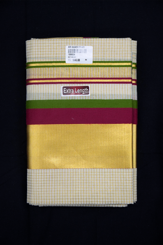 Set Mundu – Red & Light Green with Golden Split Kara & Micro Checks