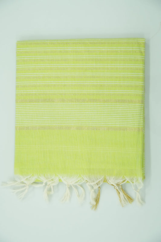 Cotton Saree – Lime Green with Golden Zari Lines (#0004)