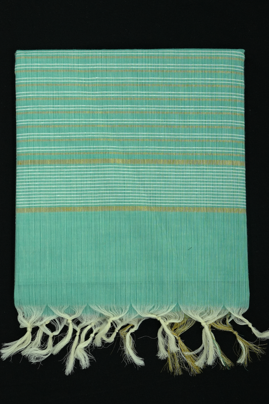 Cotton Saree – Cyan-Teal with Golden Zari Lines (#0021)