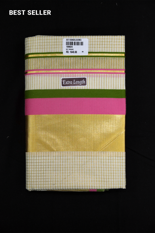 Set Mundu – Baby Pink & Green with Golden Split Kara & Micro Checks