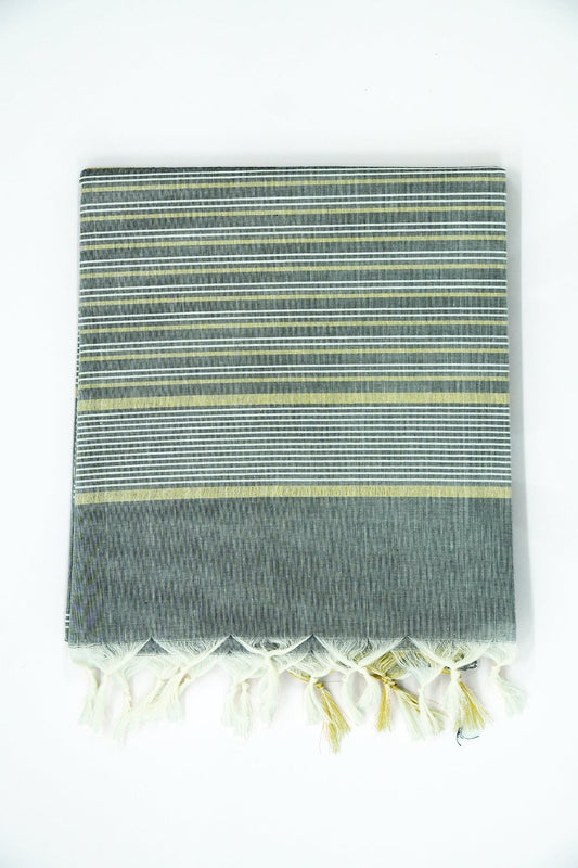 Cotton Saree – Black with Golden Zari Lines (#0030)