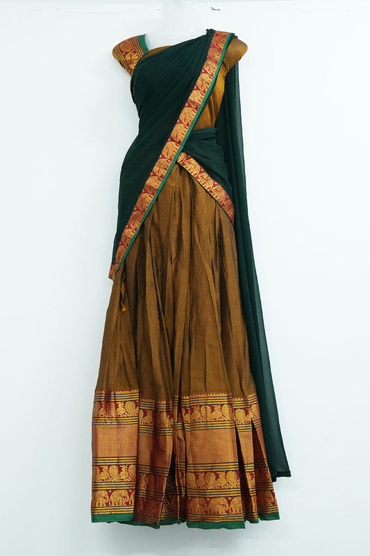 Narayanpet Cotton Dhavani Set – Mustard Brown Skirt + Bottle Green Shawl