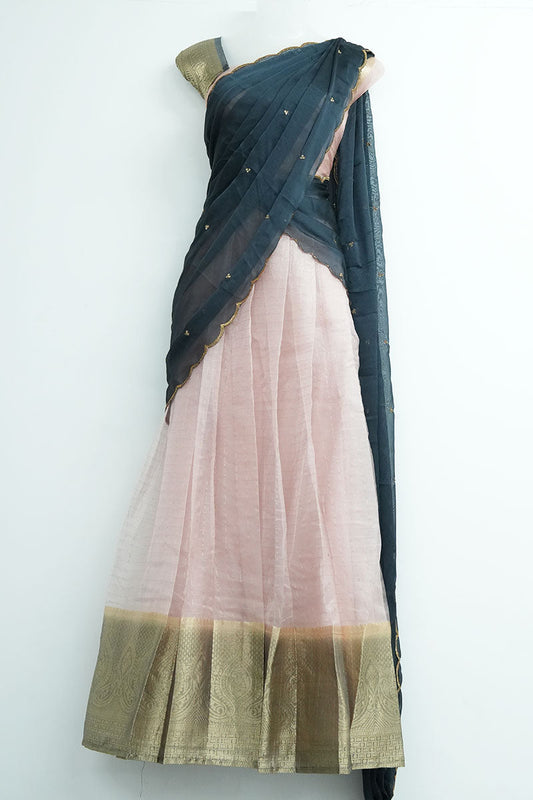 Organza Dhavani Set – Baby Pink & Dark Ash Blue