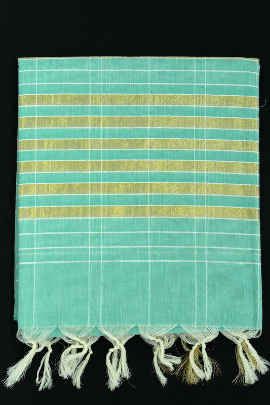 Cotton Saree – Aqua with Golden Zari Lines (#0018)