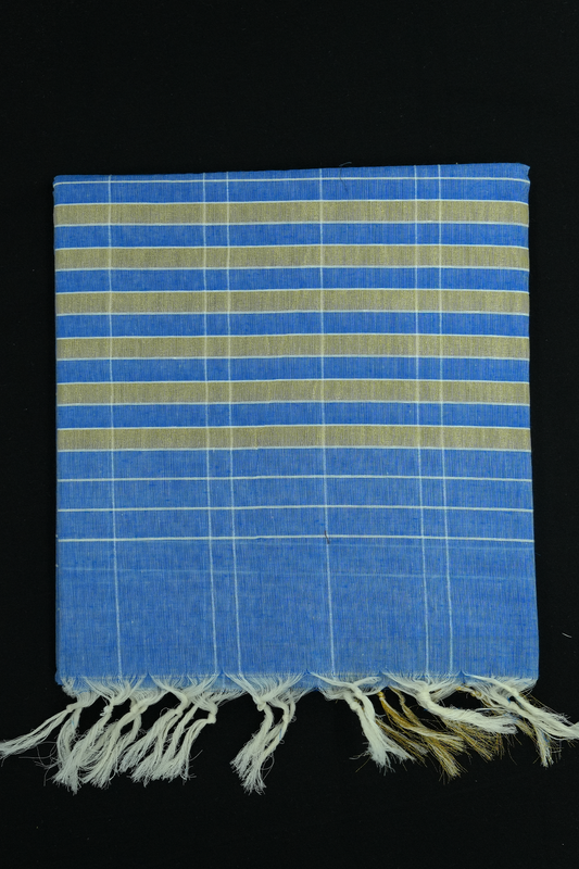 Cotton Saree – Bright Blue with Golden Zari Lines (#0014)