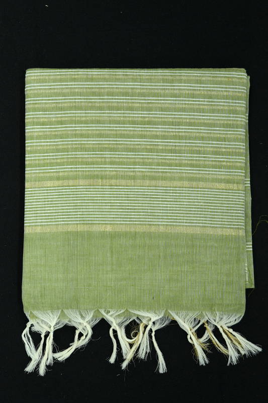 Cotton Saree – Pista Green with Golden Zari Lines (#0012)